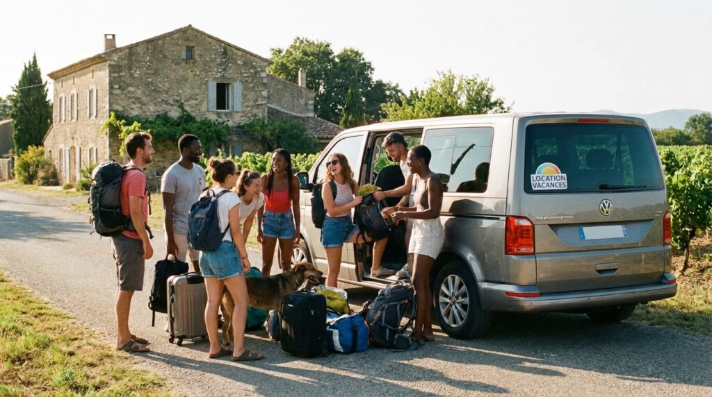 Groupe d'amis chargeant leurs bagages pour un départ en vacances en minibus de location.