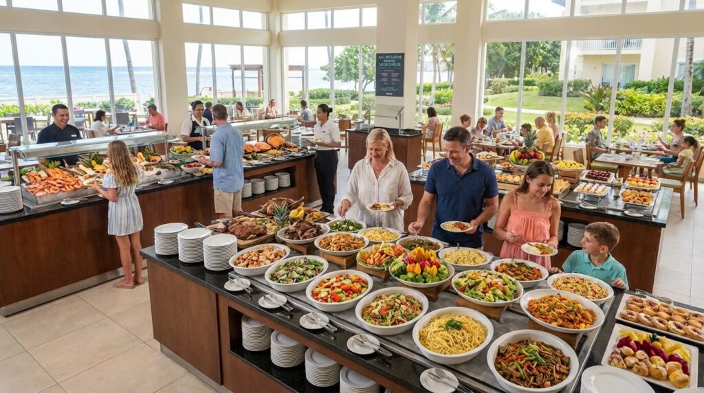 Large choix de plats dans le restaurant d'un hôtel all-inclusive pour illustrer la sérénité des repas inclus.