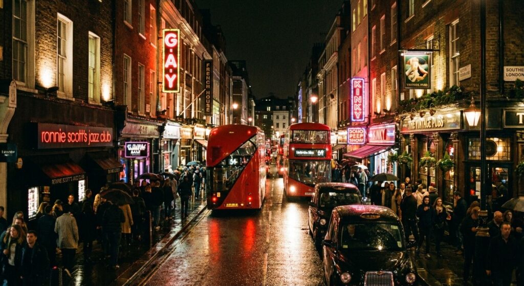 Rues animées et enseignes lumineuses du quartier de Soho à Londres la nuit