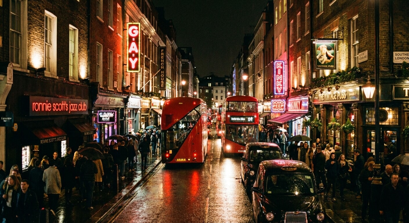 Rues animées et enseignes lumineuses du quartier de Soho à Londres la nuit