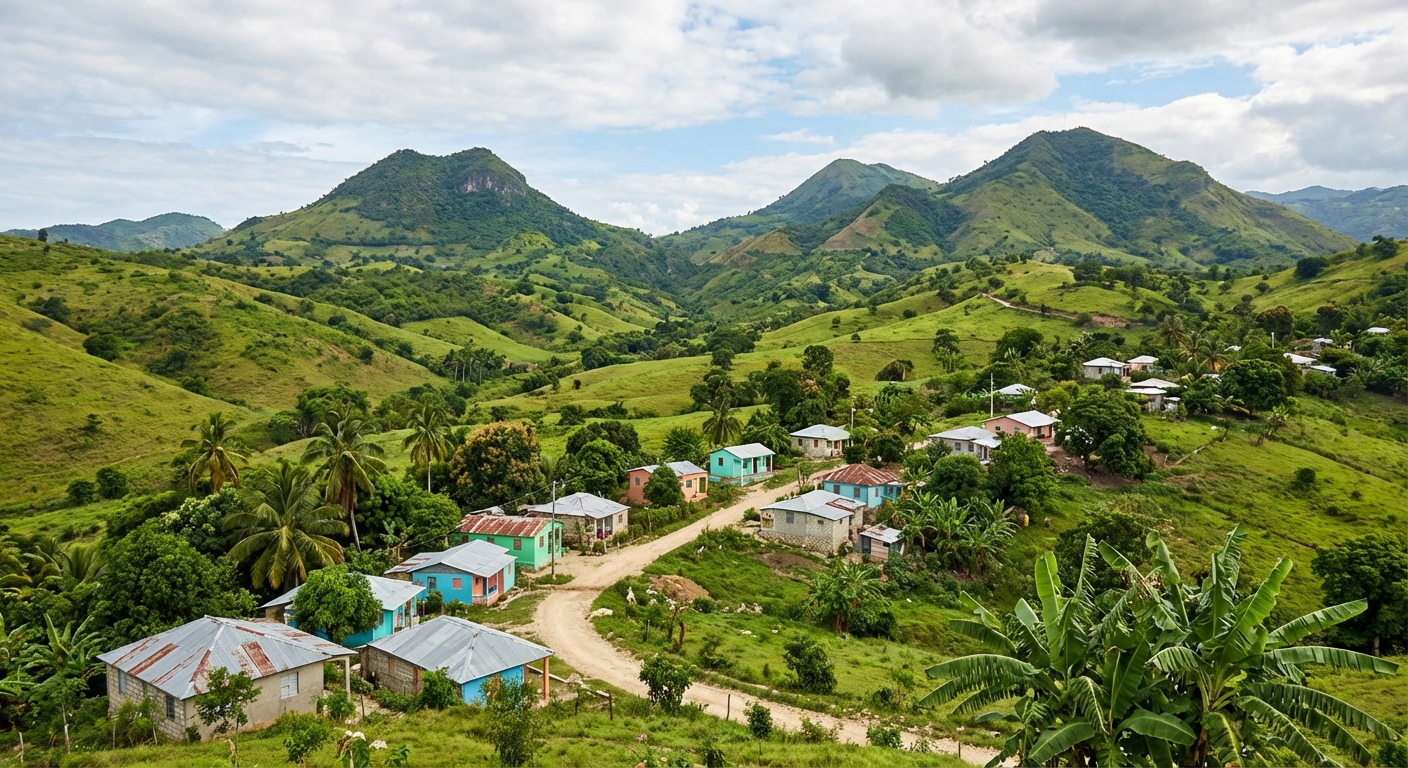 Paysage verdoyant et collines isolées entourant le village de Ganere dans le Nord-Ouest d'Haïti