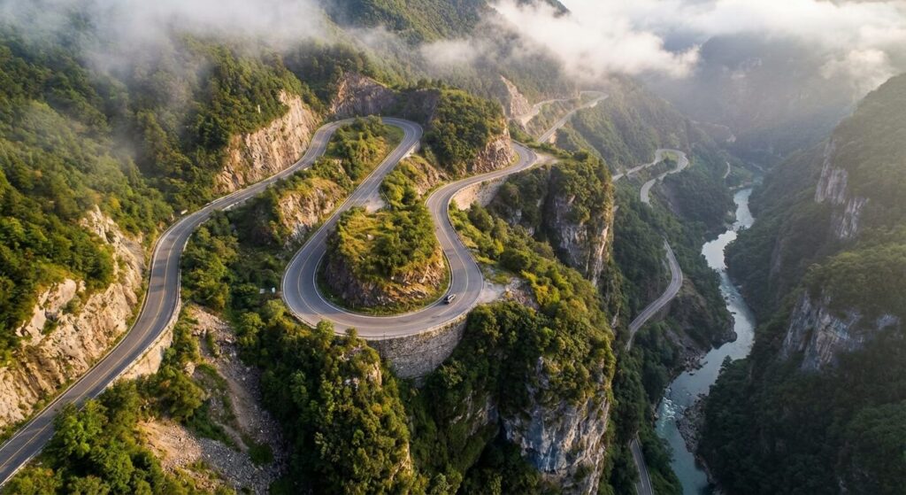 Vue aérienne spectaculaire d'une route serpentine avec de multiples virages en épingle à cheveux à flanc de montagne