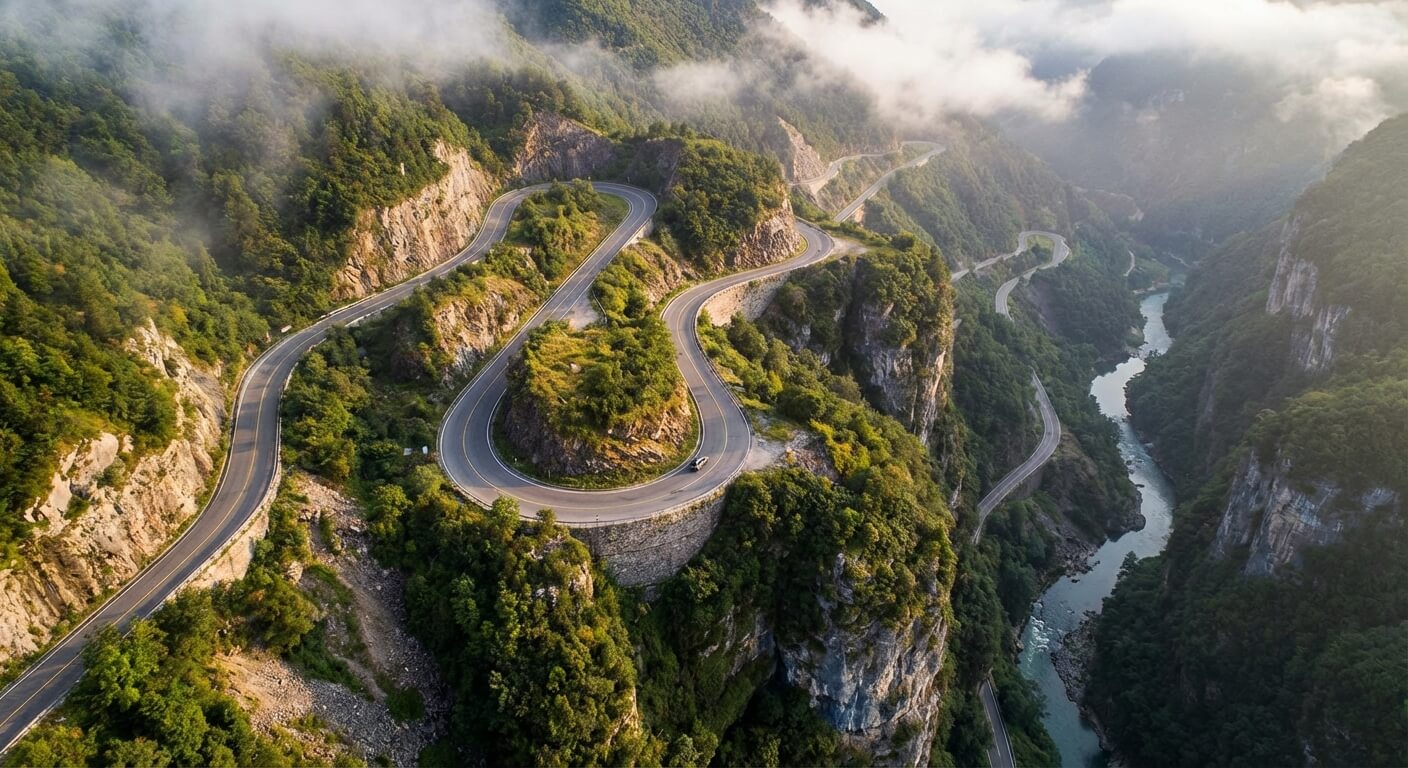 Vue aérienne spectaculaire d'une route serpentine avec de multiples virages en épingle à cheveux à flanc de montagne