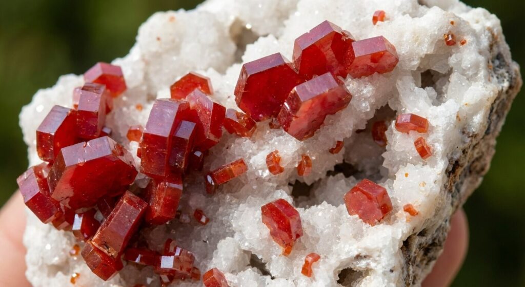 Superbes cristaux hexagonaux rouge vif de vanadinite fixés sur une matrice rocheuse blanche