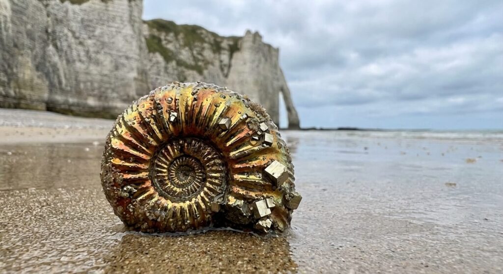 Magnifique fossile d'ammonite pyritisée brillante trouvé sur le sable humide au pied des falaises normandes