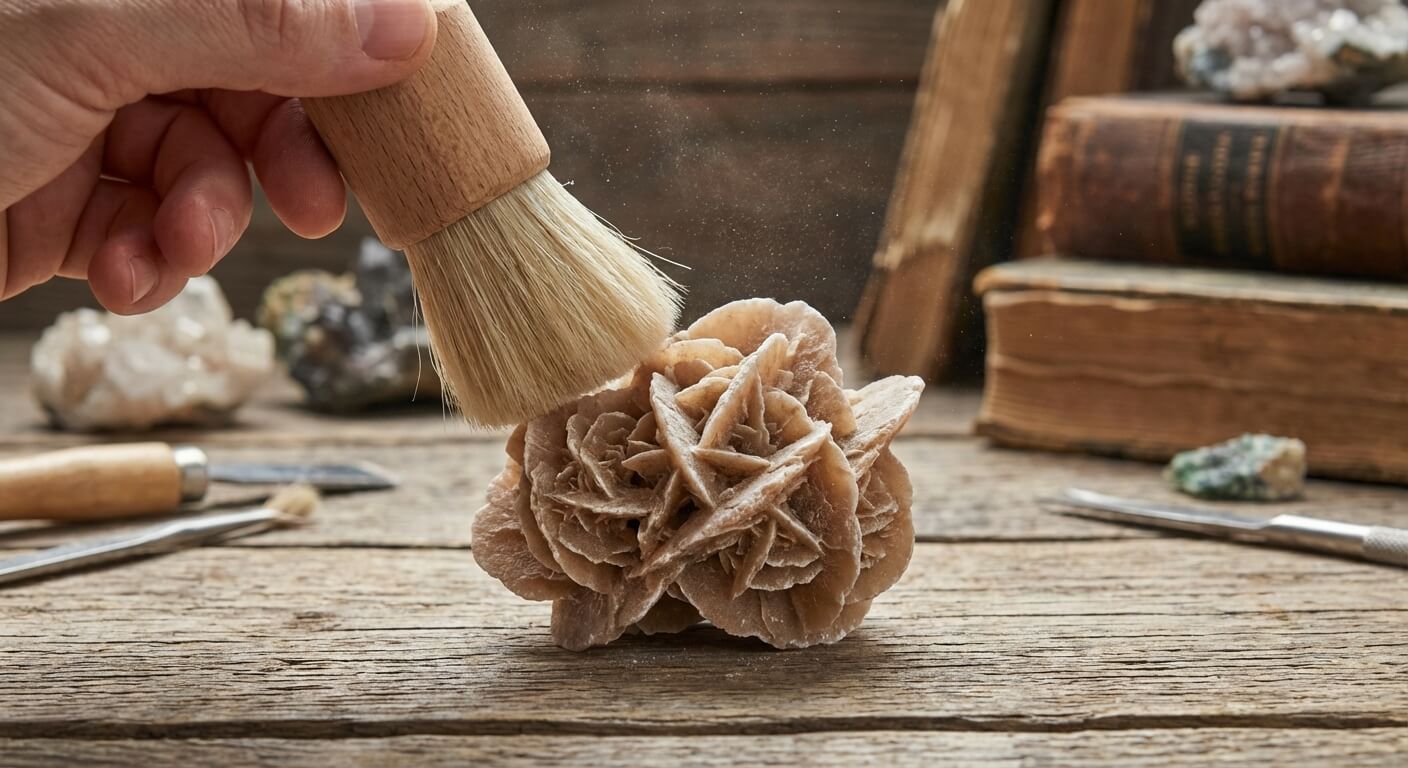 Dépoussiérage délicat d'une rose des sables à l'aide d'un pinceau à poils souples pour préserver ses pétales de gypse
