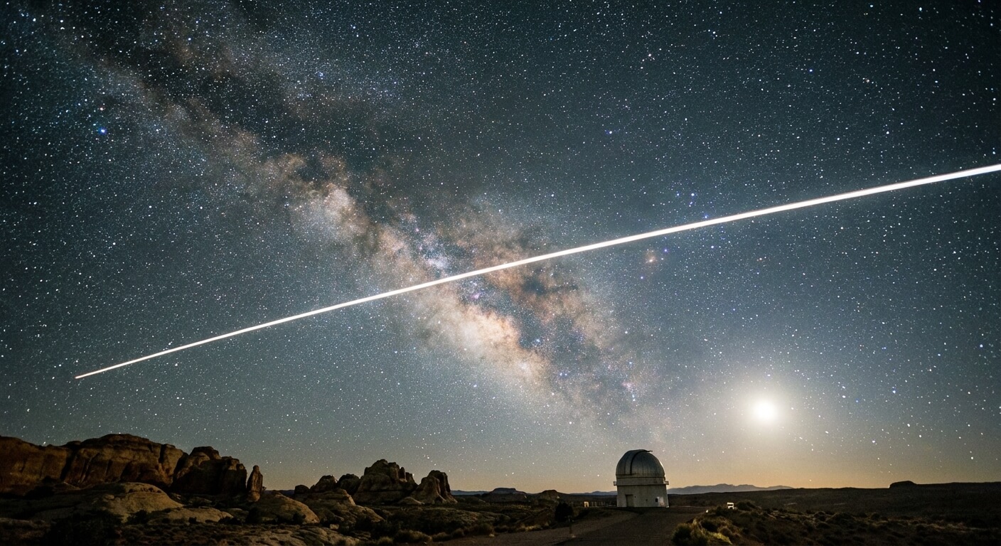 Trace lumineuse rectiligne dans le ciel nocturne étoilé, caractéristique du passage rapide d'un satellite artificiel en orbite basse