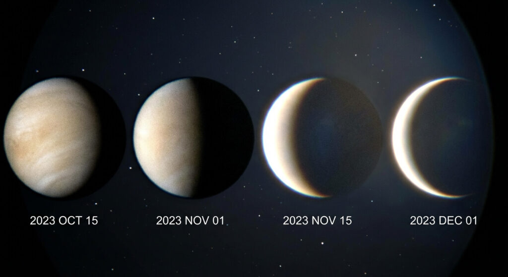 Photographier Vénus : Matériel, Filtres et Techniques d'Astrophotographie 2 Évolution des phases de la planète Vénus capturées à travers un télescope amateur, montrant son fin croissant lumineux