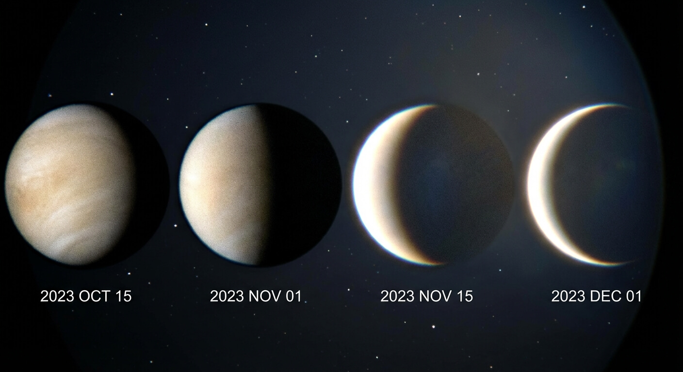 Évolution des phases de la planète Vénus capturées à travers un télescope amateur, montrant son fin croissant lumineux