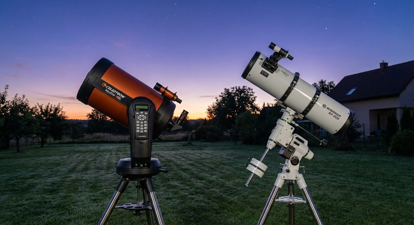 Télescope Celestron NexStar Schmidt-Cassegrain posé à côté d'un télescope Bresser Messier Newton sur une pelouse au crépuscule