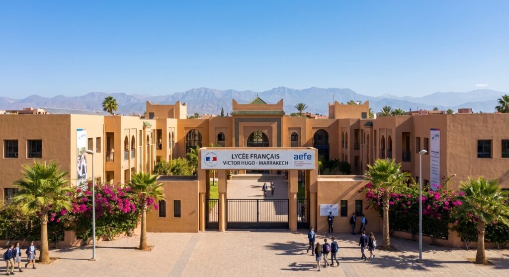 Façade principale du Lycée Français Victor Hugo à Marrakech, l'un des établissements phares du réseau AEFE