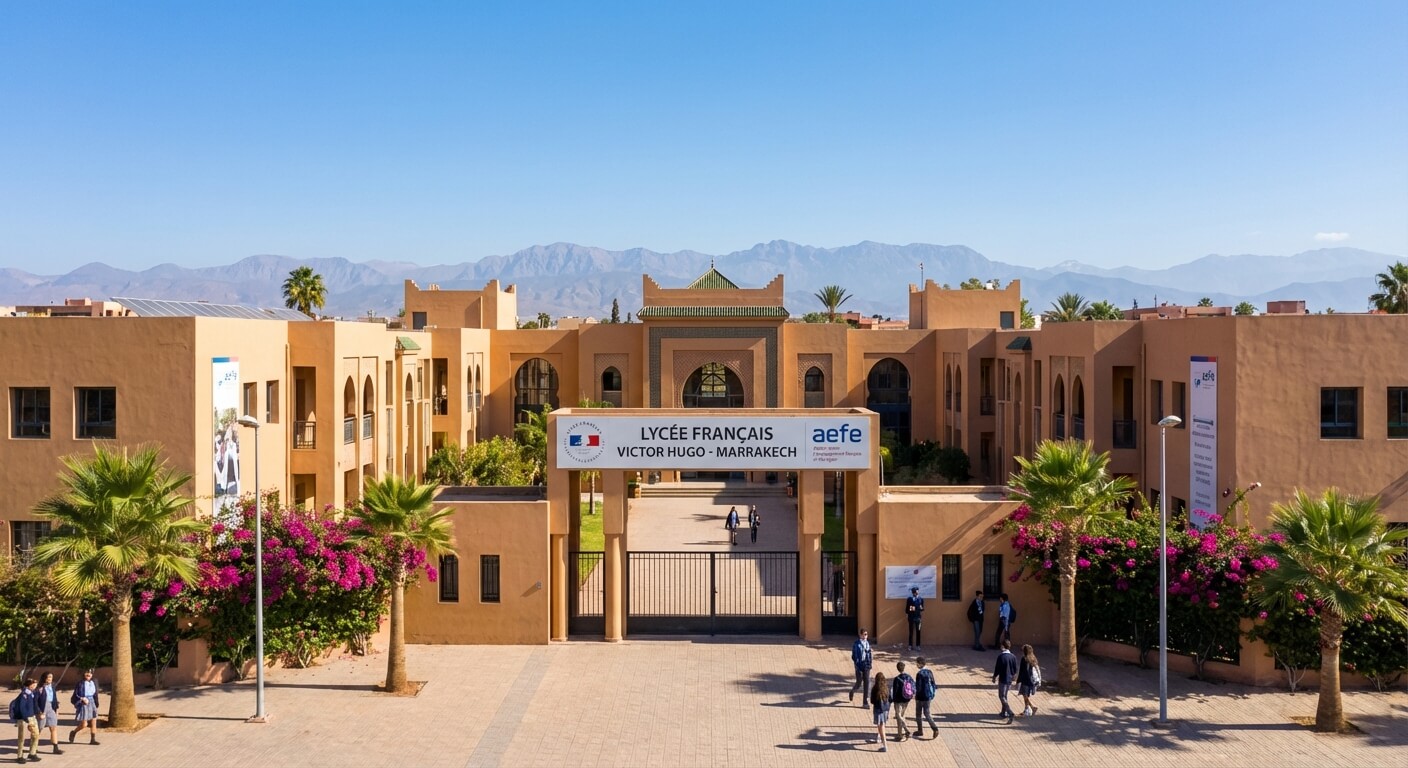 Façade principale du Lycée Français Victor Hugo à Marrakech, l'un des établissements phares du réseau AEFE