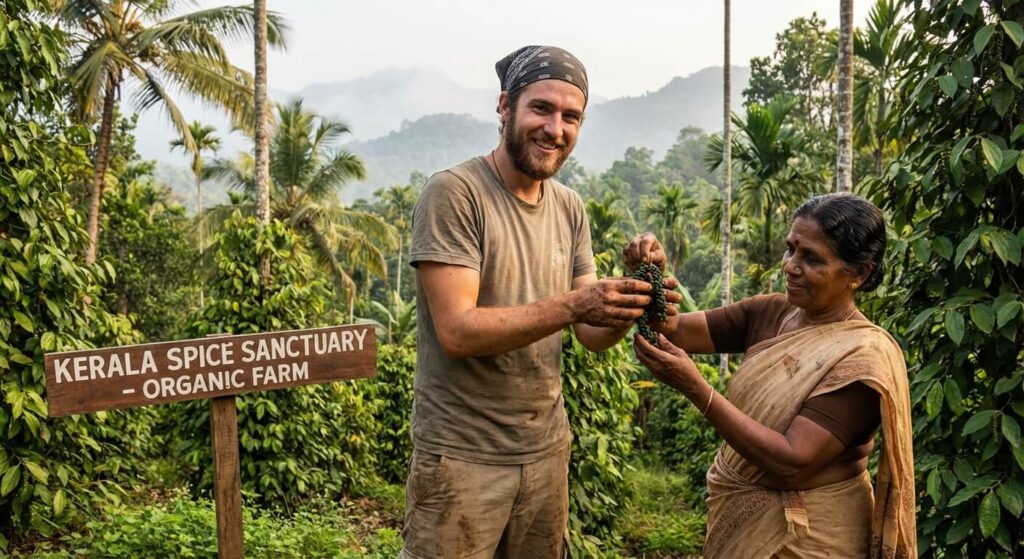 Bénévole international participant à la récolte des épices dans une ferme biologique luxuriante du Kerala en Inde