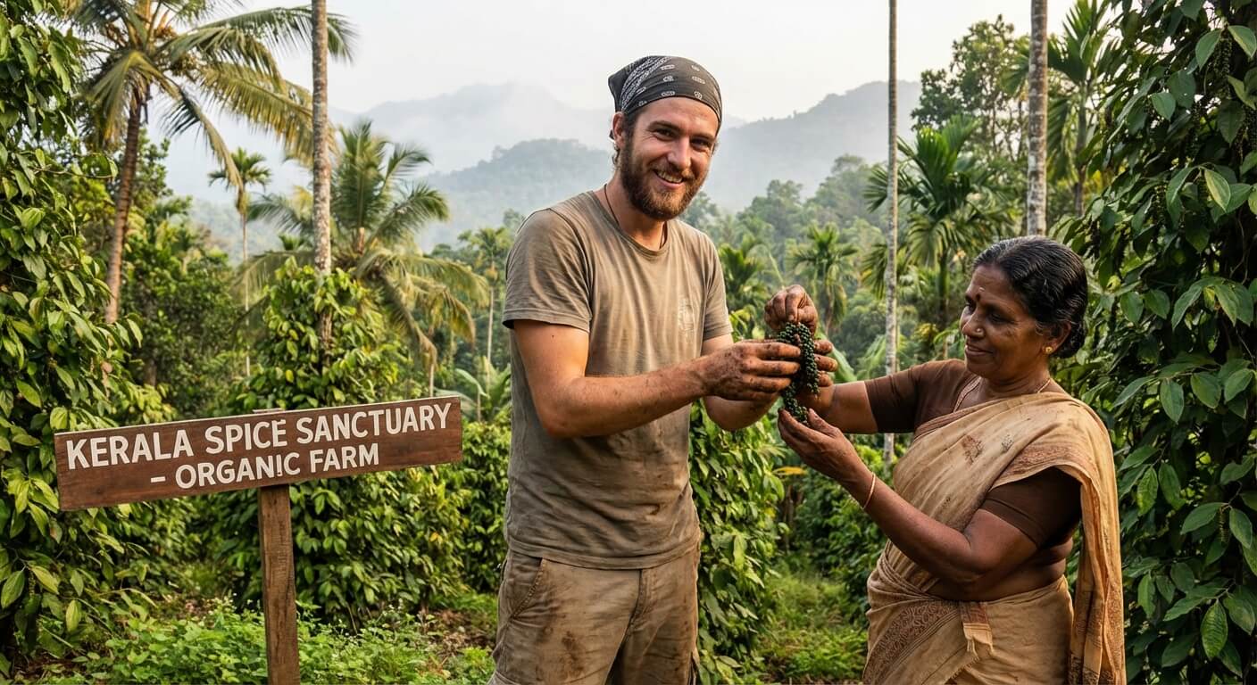 Bénévole international participant à la récolte des épices dans une ferme biologique luxuriante du Kerala en Inde