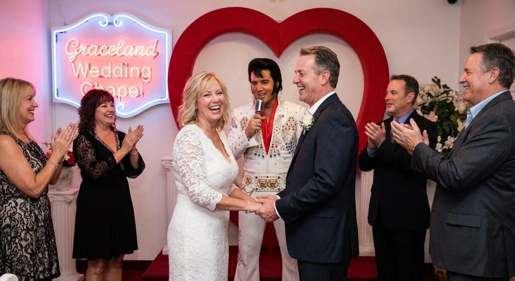 Couple souriant renouvelant ses vœux de mariage devant un sosie d'Elvis Presley dans une célèbre chapelle de Las Vegas