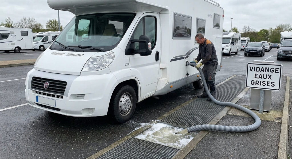 Opération de vidange de la cuve des eaux grises d'un camping-car sur une grille de vidange d'une aire de service