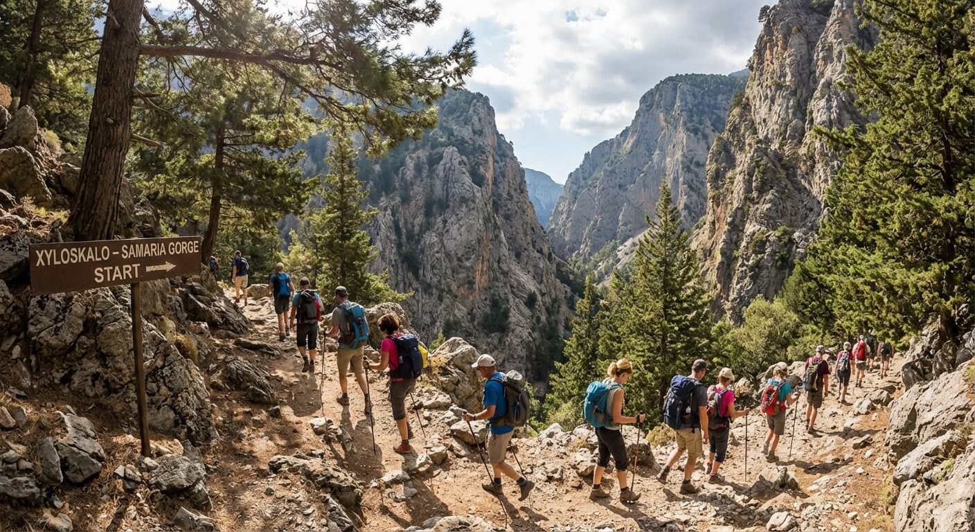 Randonneurs affrontant la descente vertigineuse et rocailleuse au départ de Xyloskalo dans les gorges de Samaria