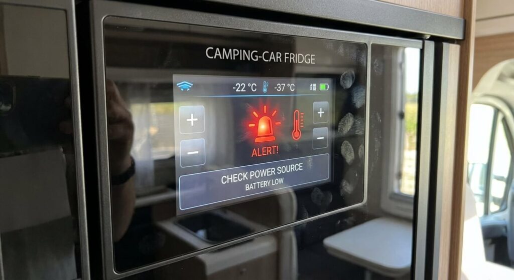 Panneau de commande tactile d'un réfrigérateur de camping-car affichant un voyant d'alerte rouge clignotant