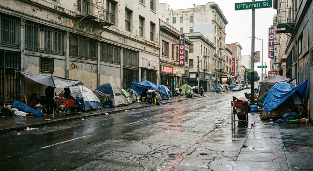 Le quartier du Tenderloin à San Francisco : Faut-il vraiment l'éviter ? 2 Rues dégradées du quartier de Tenderloin à San Francisco, illustrant l'importante présence de tentes et de précarité sur les trottoirs