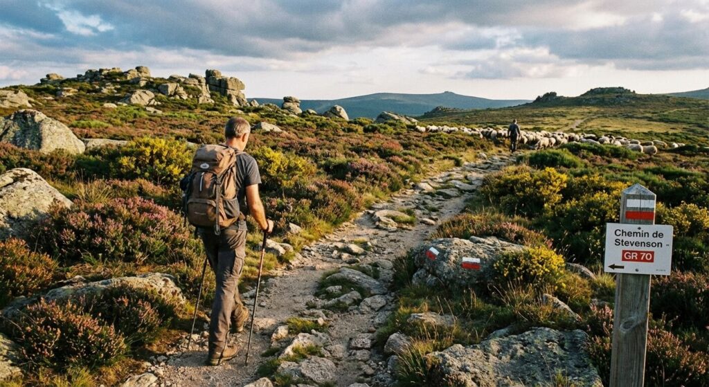 Chemin de Stevenson (GR70) : Quelle est la difficulté réelle du parcours ? 2 Randonneur marchant sur un sentier caillouteux dans les étendues sauvages du Mont Lozère, étape emblématique du Chemin de Stevenson