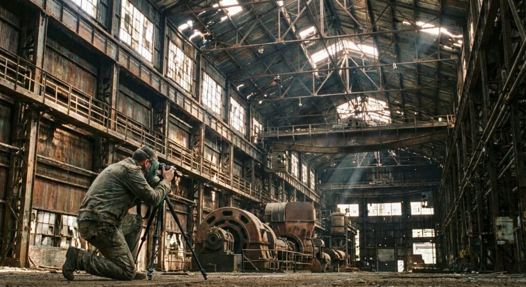 Explorateur urbain photographiant l'immense nef rouillée d'une usine métallurgique désaffectée