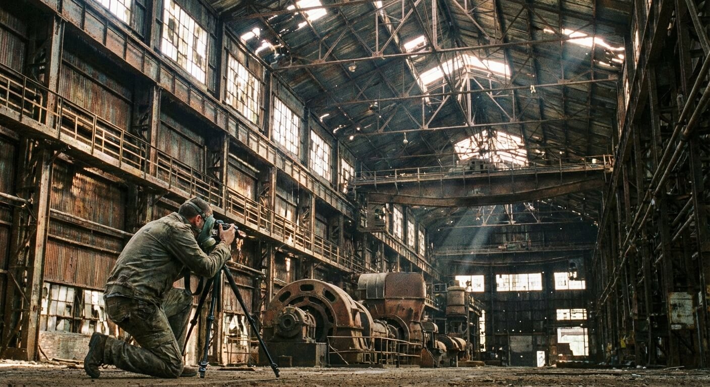 Explorateur urbain photographiant l'immense nef rouillée d'une usine métallurgique désaffectée