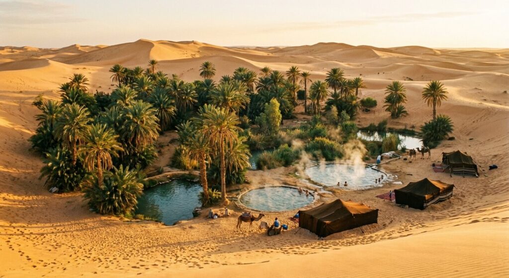 L'oasis verdoyante de Ksar Ghilane et ses sources d'eau chaude entourées par les dunes dorées du Grand Erg Oriental