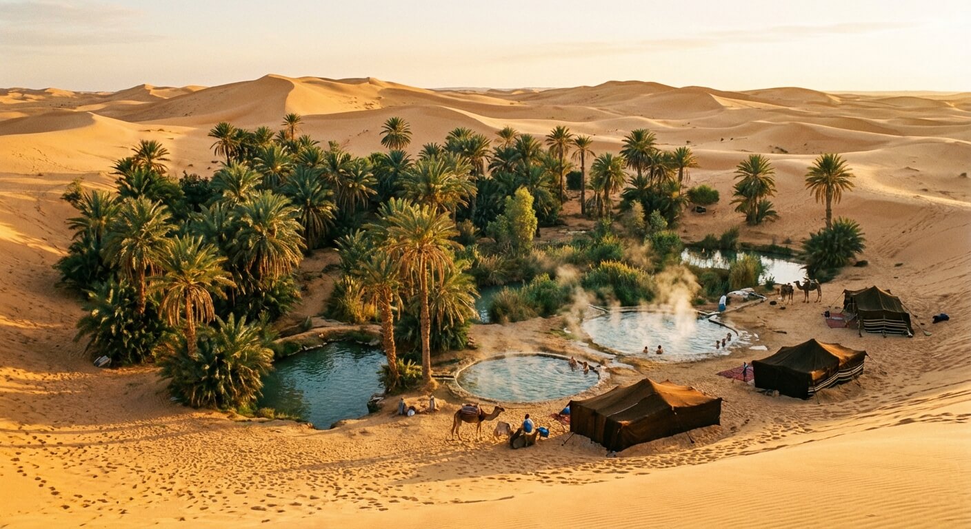 L'oasis verdoyante de Ksar Ghilane et ses sources d'eau chaude entourées par les dunes dorées du Grand Erg Oriental
