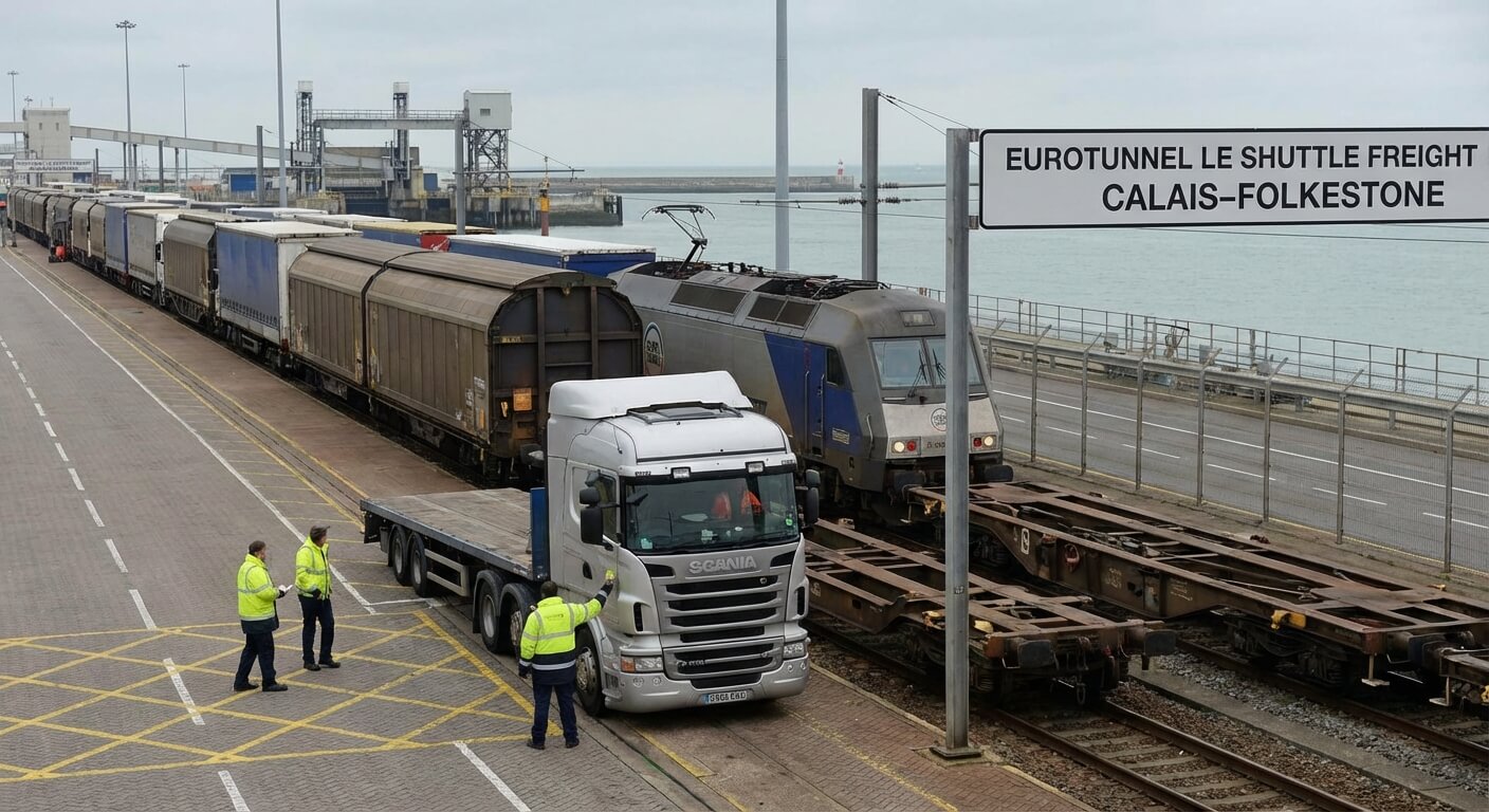 Poids lourd s'apprêtant à embarquer dans une navette ferroviaire fret du Tunnel sous la Manche à Calais