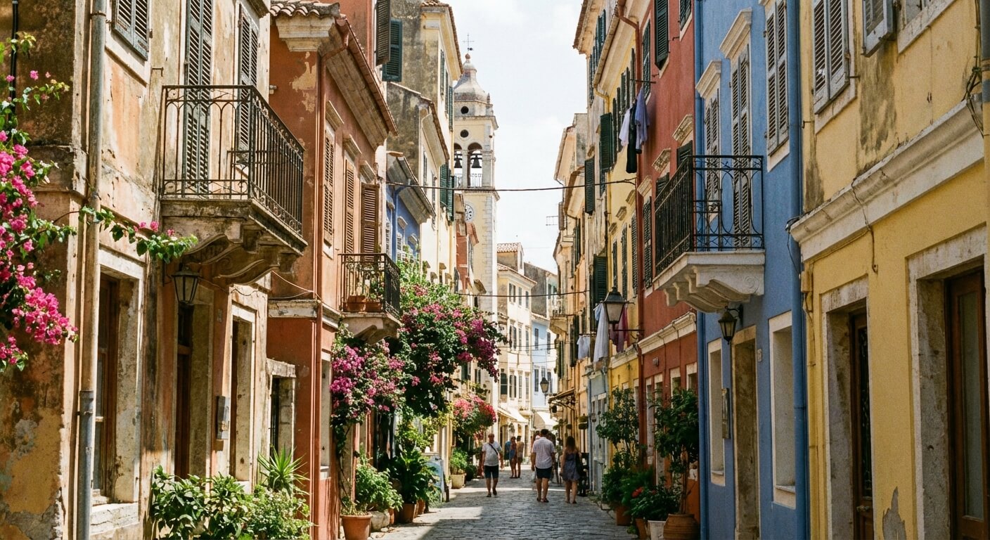 Ruelle pittoresque aux façades colorées de style vénitien dans le centre historique de Corfou