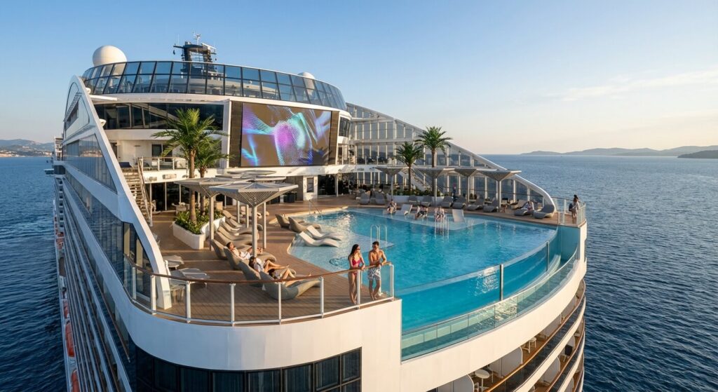 Le pont piscine ultramoderne du navire MSC World Europa naviguant en mer Méditerranée
