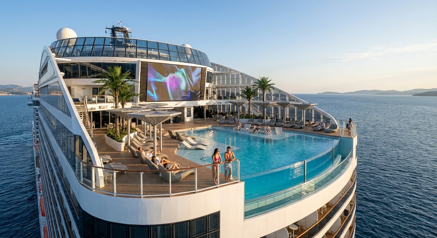 Le pont piscine ultramoderne du navire MSC World Europa naviguant en mer Méditerranée
