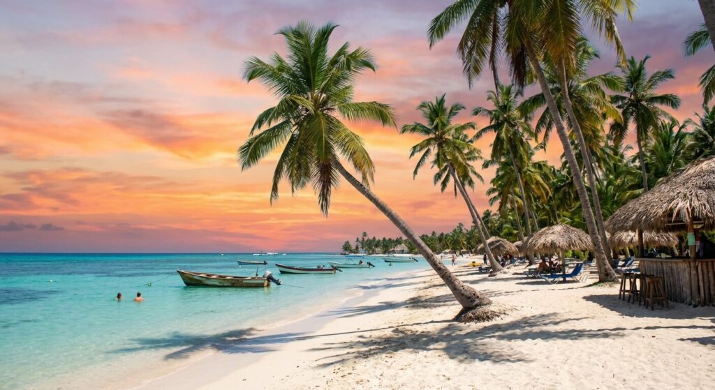 Plage paradisiaque de Bayahibe bordée de cocotiers et baignée par les eaux calmes de la mer des Caraïbes