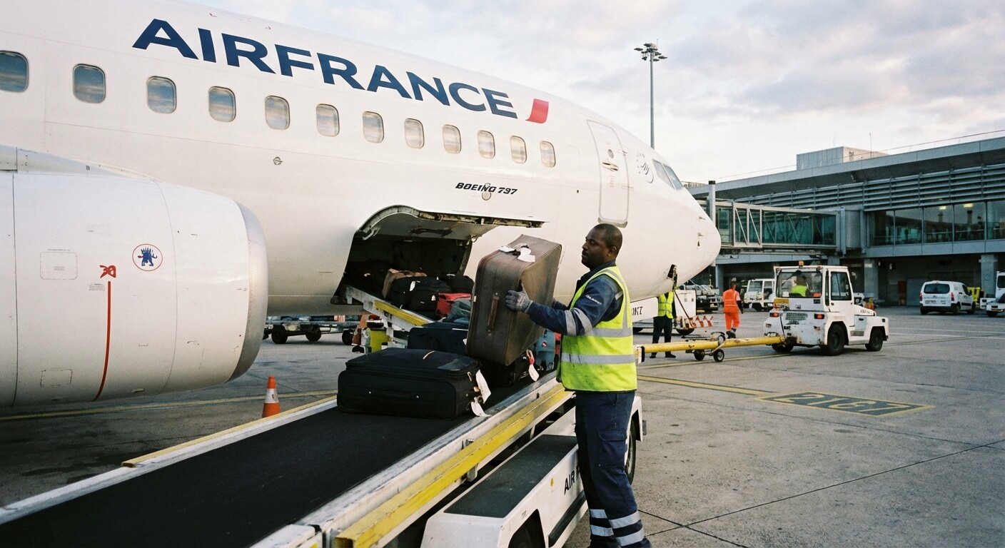 Bagagiste chargeant des valises dans la soute d'un avion de ligne commercial avant le décollage