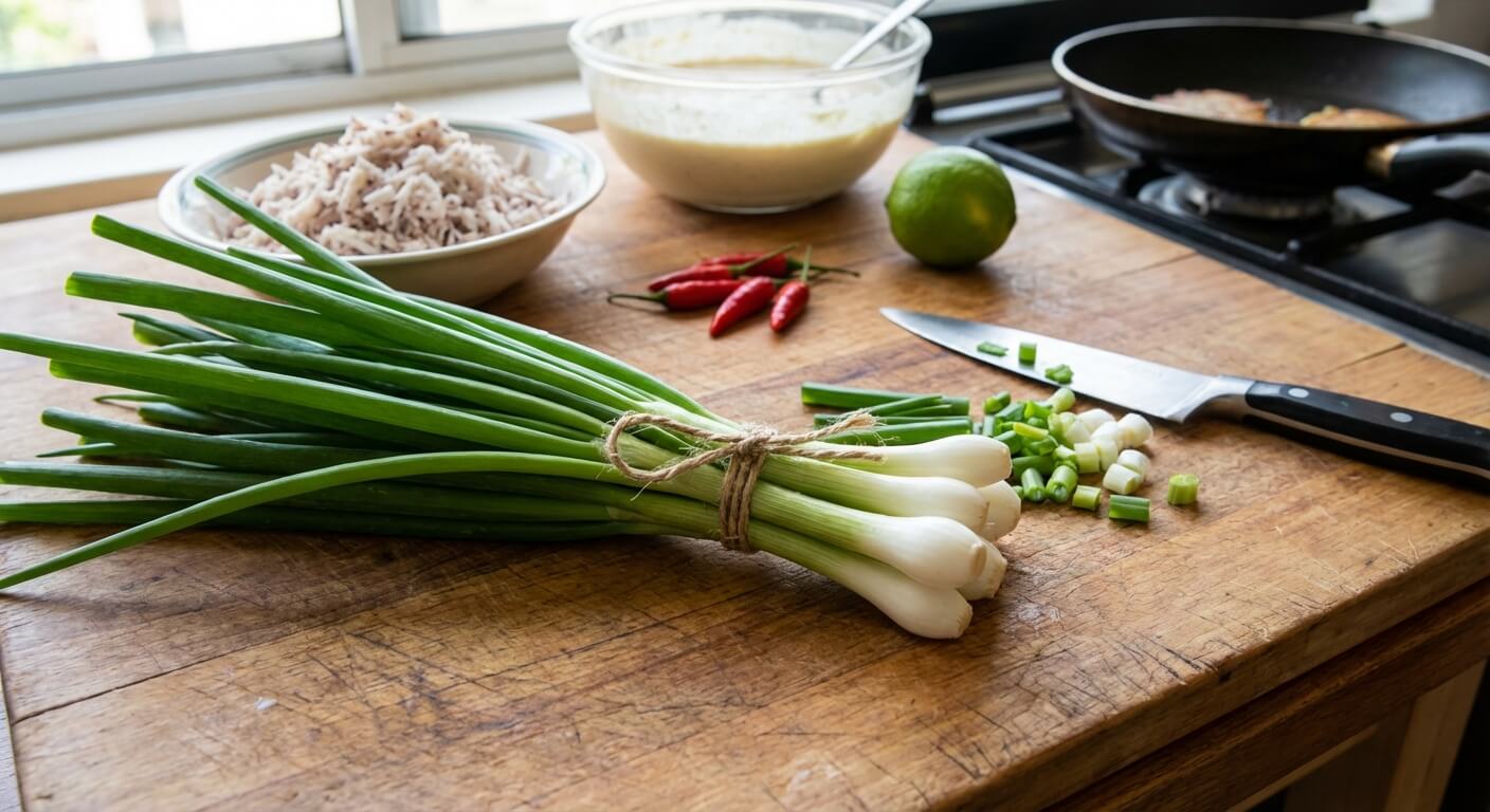 Botte de cive (oignon pays) fraîchement coupée sur une planche à découper en bois pour la préparation d'acras