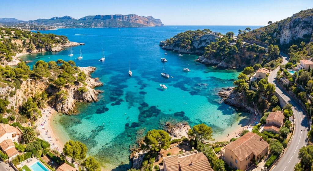 Vue plongeante sur les criques aux eaux turquoise du littoral varois, symbole du cadre de vie méditerranéen