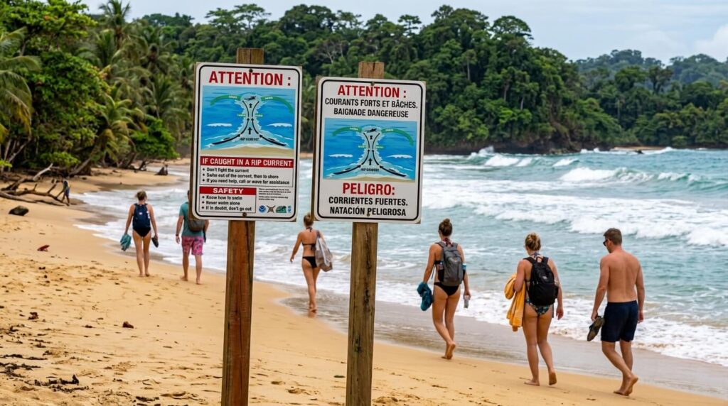 Touristes marchant sur la plage de Red Frog à Bocas del Toro, panneau d'avertissement sur les courants.