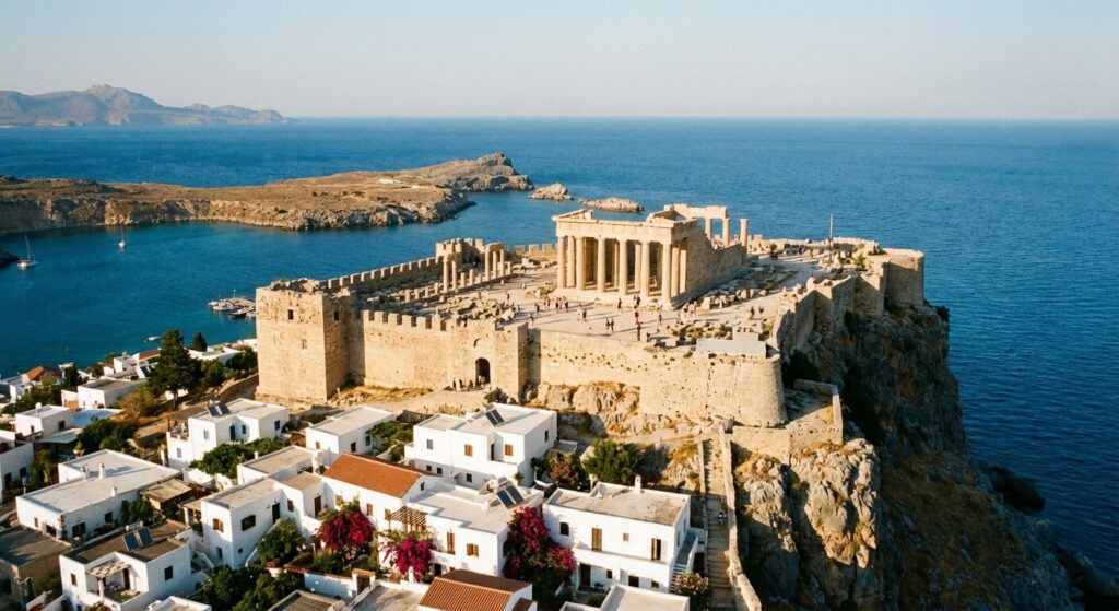 L'Acropole antique de Lindos surplombant la mer Égée et les maisons blanches typiques sur l'île de Rhodes