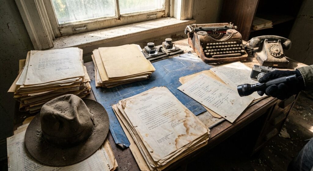 Documents d'archives des années 50 laissés à l'abandon sur un bureau poussiéreux, témoignage du passé étudié par les urbexologues