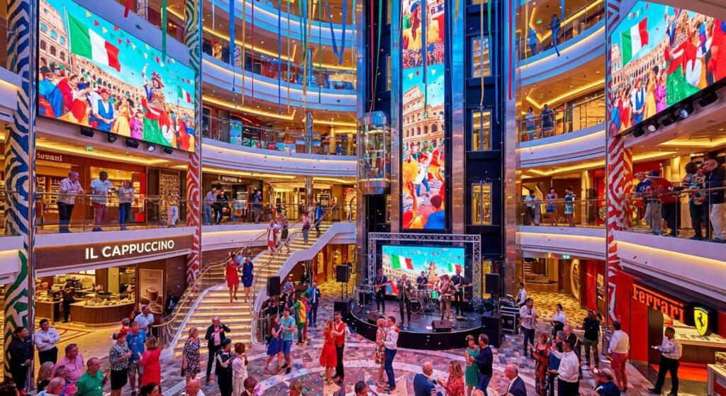 L'Atrium coloré et festif au cœur du navire Costa Smeralda, symbole de l'ambiance italienne à bord