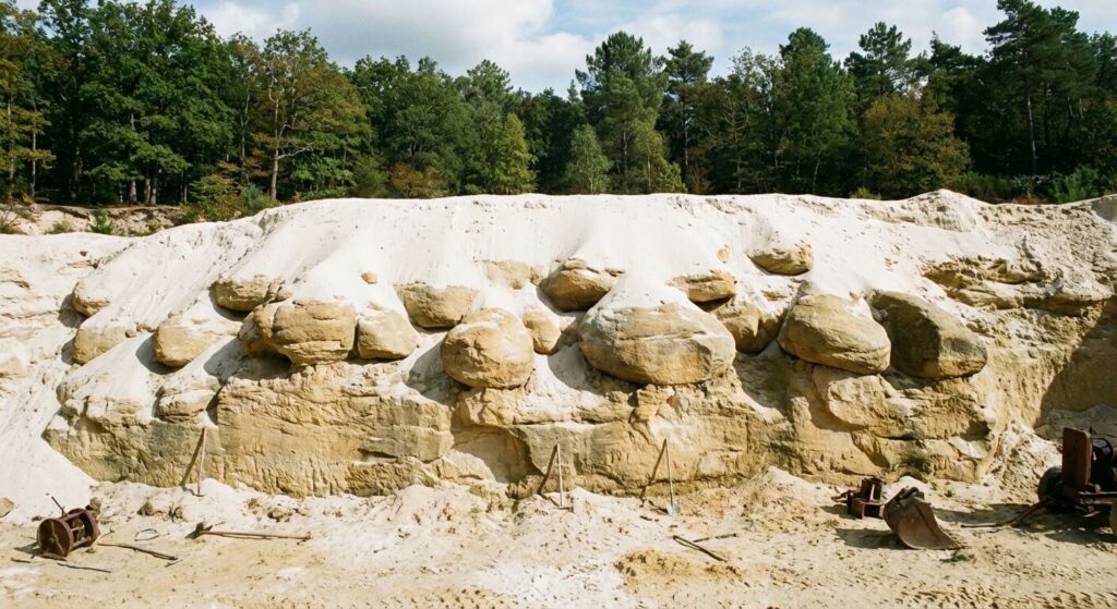 Front de taille dans une ancienne sablière du bassin parisien où se forment les gogottes sous la couche de sable blanc