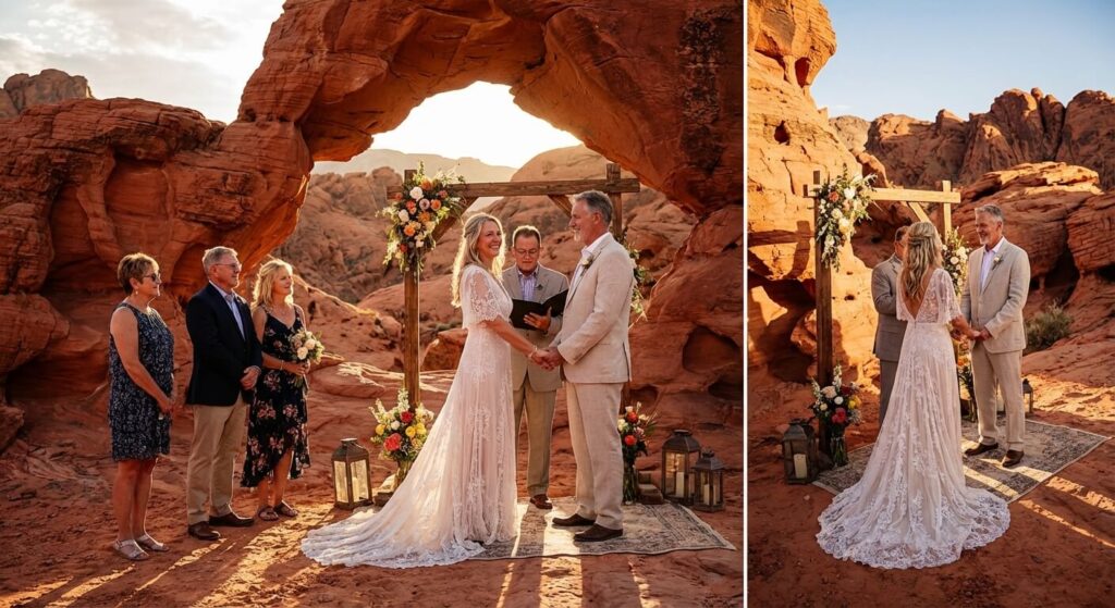 Cérémonie romantique intime de renouvellement de vœux en plein air dans les somptueux paysages rouges de la Vallée de Feu au Nevada