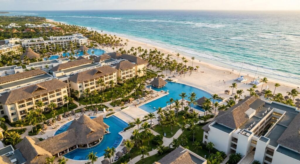 Complexe hôtelier All Inclusive surplombant l'immense plage de sable blanc de Punta Cana face à l'océan Atlantique