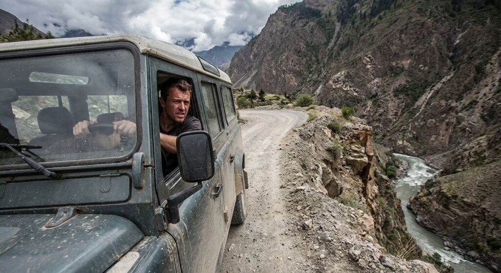 Conducteur concentré négociant un virage en épingle très serré sur une route de montagne escarpée sans glissière de sécurité