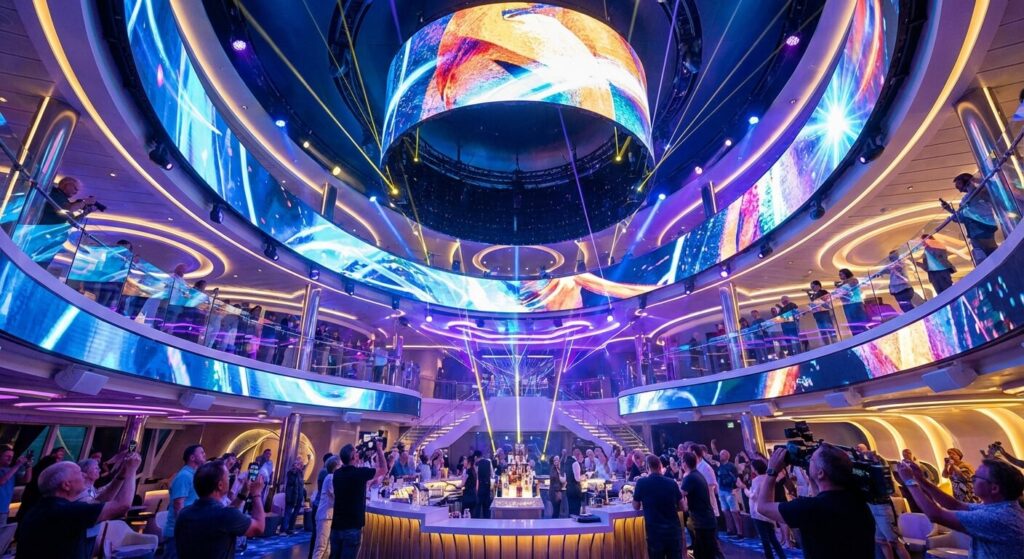 Intérieur du Colosseo sur le Costa Smeralda avec ses écrans géants LED et son ambiance lumineuse moderne.