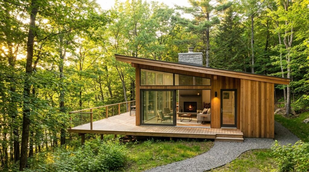 Vue extérieure d'un cottage moderne en bois entouré d'arbres verdoyants.