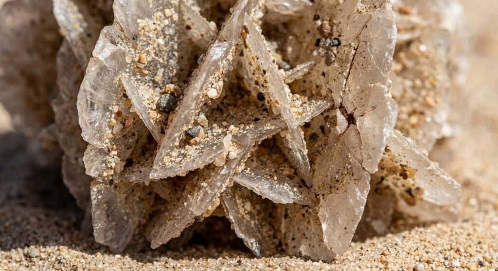 Comment nettoyer une rose des sables sans la détruire ? 3 Gros plan sur les arêtes fragiles d'une rose des sables, une formation minérale composée de gypse et d'inclusions de sable