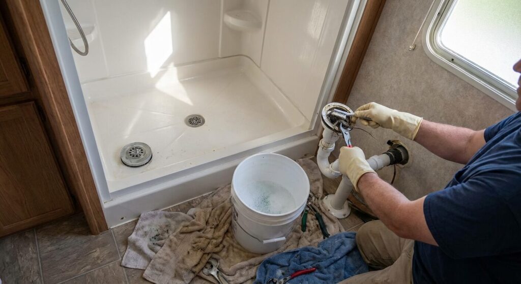 Nettoyage manuel et débouchage du siphon et de la petite tuyauterie de la douche à l'intérieur d'un camping-car