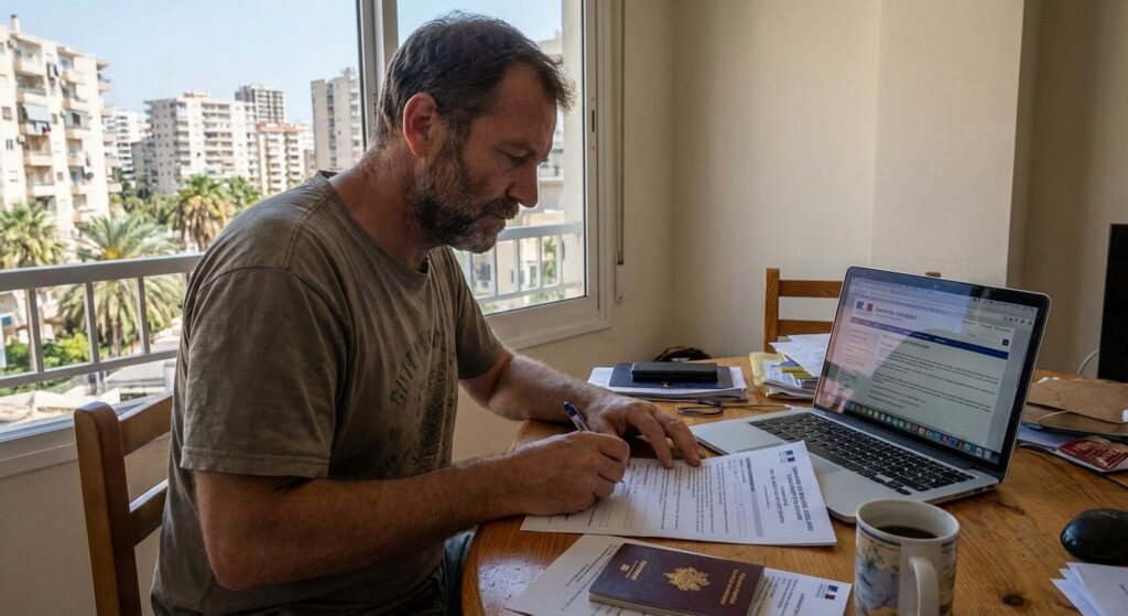 Expatrié remplissant un dossier de demande de bourse scolaire consulaire pour l'enseignement français à l'étranger