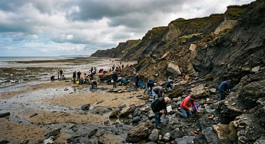 Le long de la côte normande, les falaises sombres des Vaches Noires s'étendent sur la plage à marée basse, terrain de jeu des paléontologues amateurs